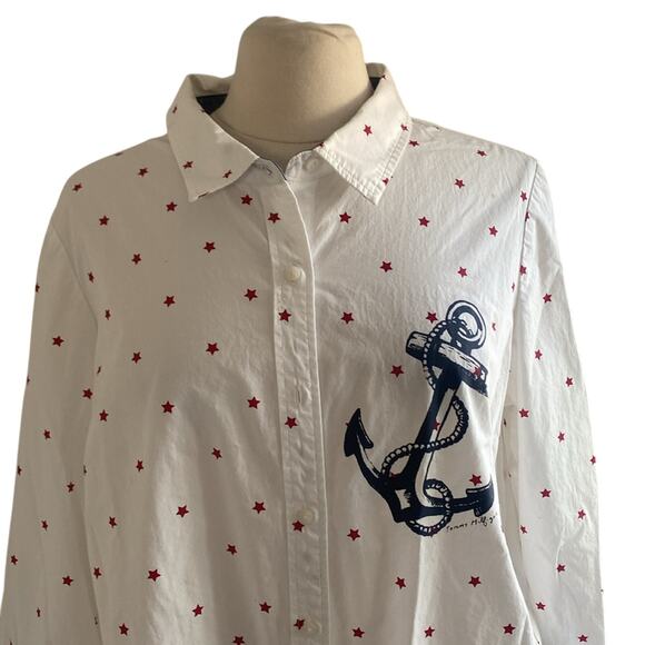 TOMMY HILFIGER Button Down Womens Sz XL White Red Stars Anchor Nautical - Picture 3 of 7